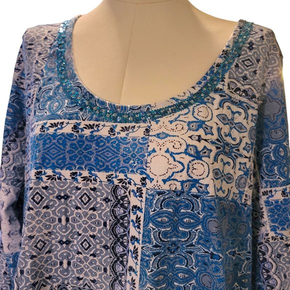 Jessica London Blue Blouse Patchwork Sequin Accents 3/4 Sleeves 26/28 JJ3284 - Picture 2 of 10